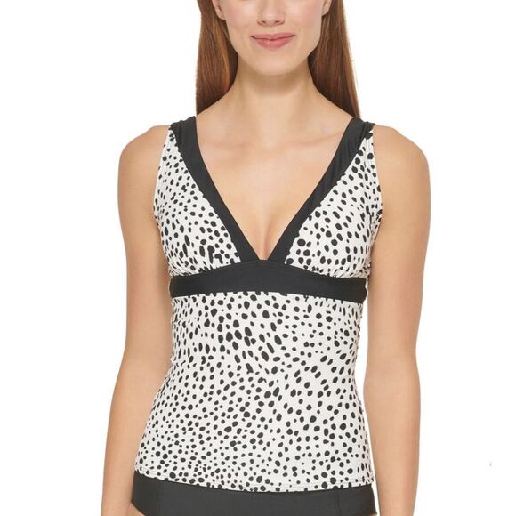 NWT DKNY Womens Printed Tankini Top Brush Dots Soft‎ White Sz S Swim Vacation - Picture 1 of 16